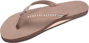 Rainbow Sandals Women's Single Layer Premier Leather w/Swarovski Crystal Narrow Strap. Dark Brown. Ladies Medium / 6.5-7.5 B(M) US | Flip-Flops